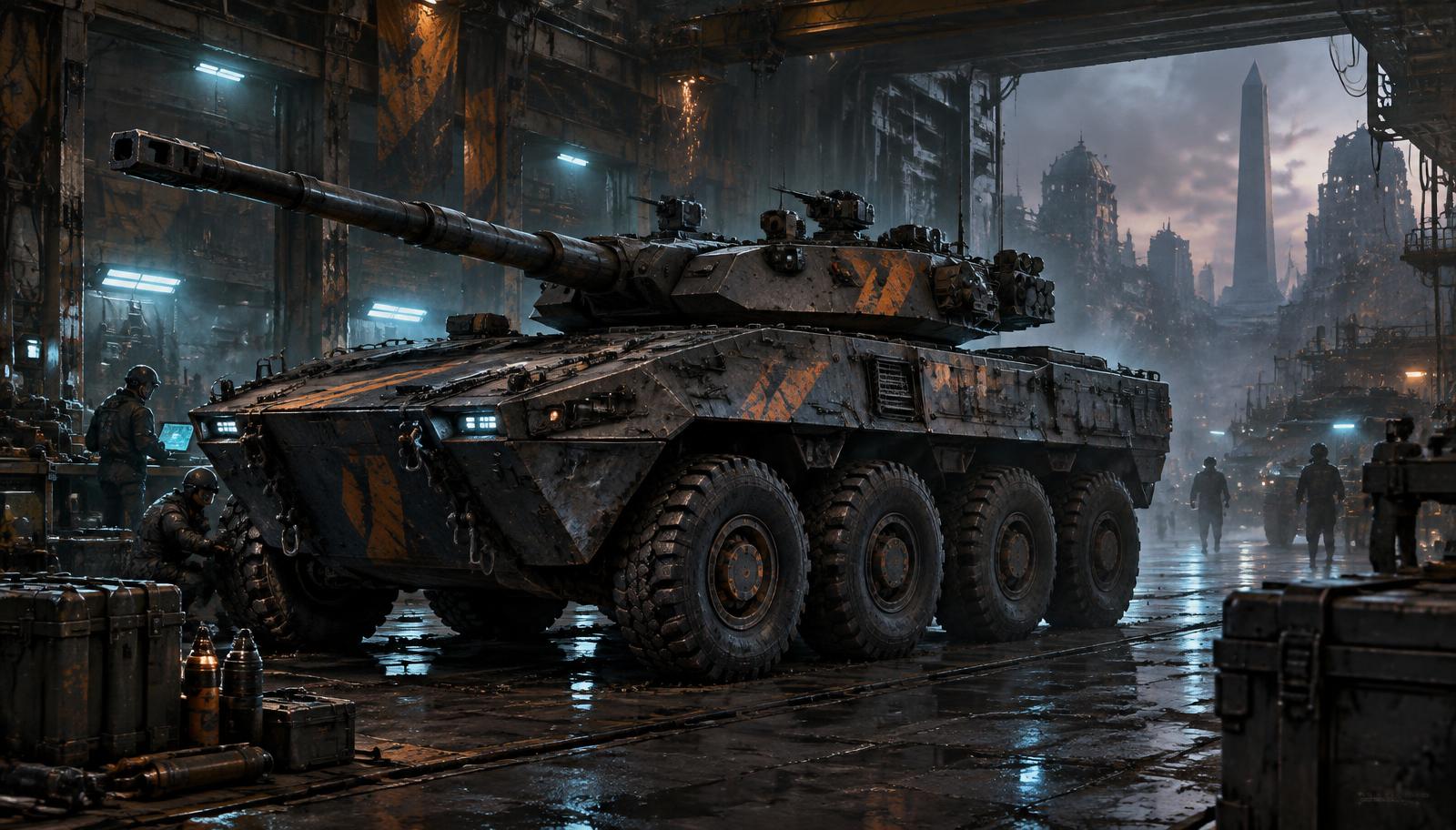 Arte conceptual del blindado WZ551 en un hangar